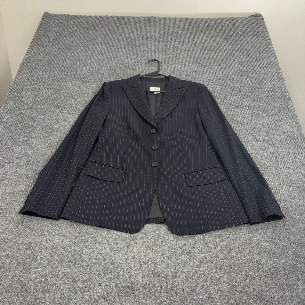 Armani Collezioni Blazer Womens 10 Navy Virgin Wool Pinstripe 3 Button Luxury